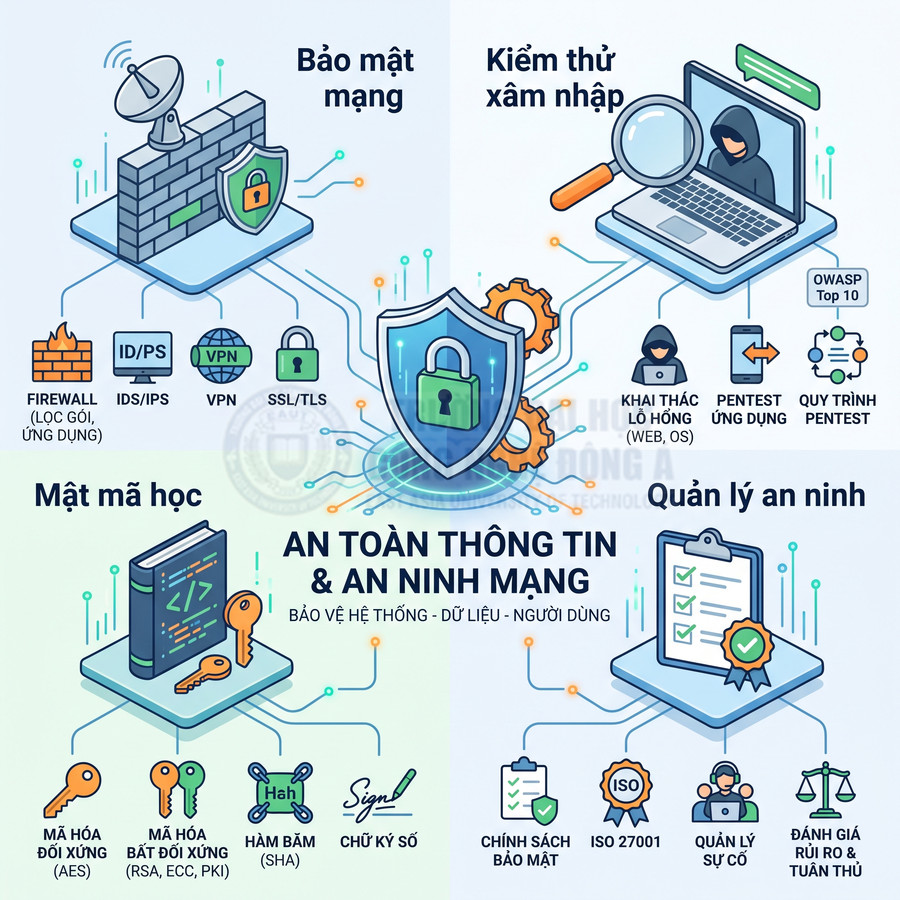 Mô hình minh họa các lĩnh vực an toàn thông tin và an ninh mạng như bảo mật mạng, mã hóa, kiểm thử xâm nhập