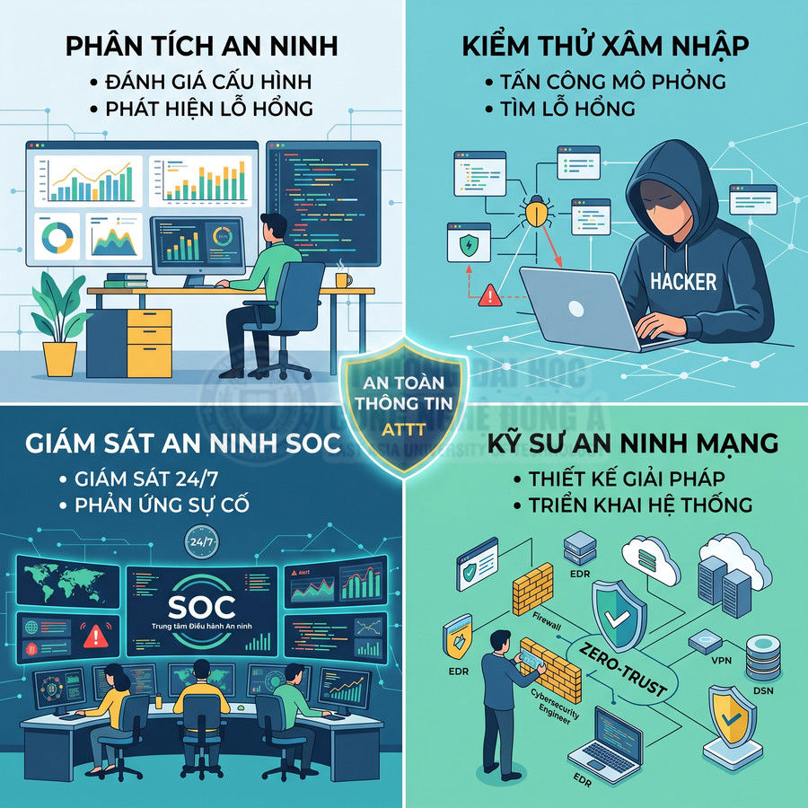 Minh họa các vị trí phân tích an ninh, kiểm thử xâm nhập, giám sát SOC và kỹ sư an ninh mạng trong lĩnh vực ATTT