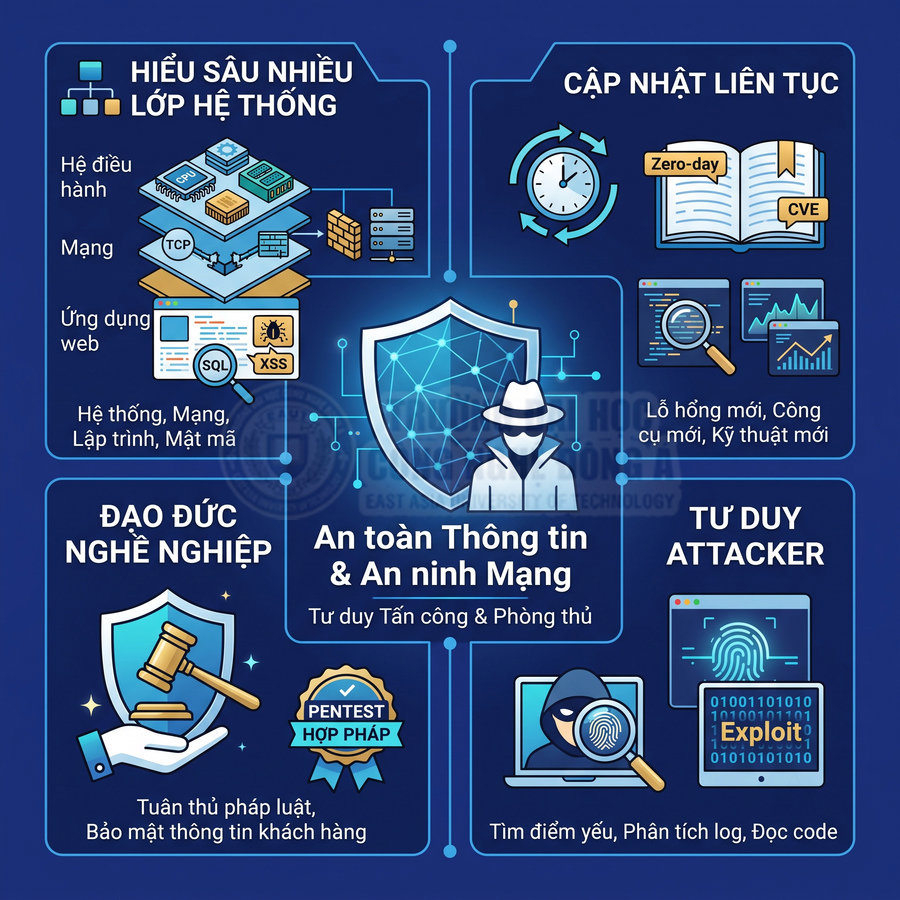 Infographic kiến thức an toàn thông tin và an ninh mạng với các kỹ năng hệ thống, cập nhật, đạo đức và tư duy tấn công