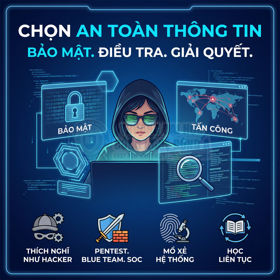 Hình minh họa chuyên gia an ninh mạng với màn hình bảo mật, tấn công mạng và các kỹ năng pentest, điều tra số