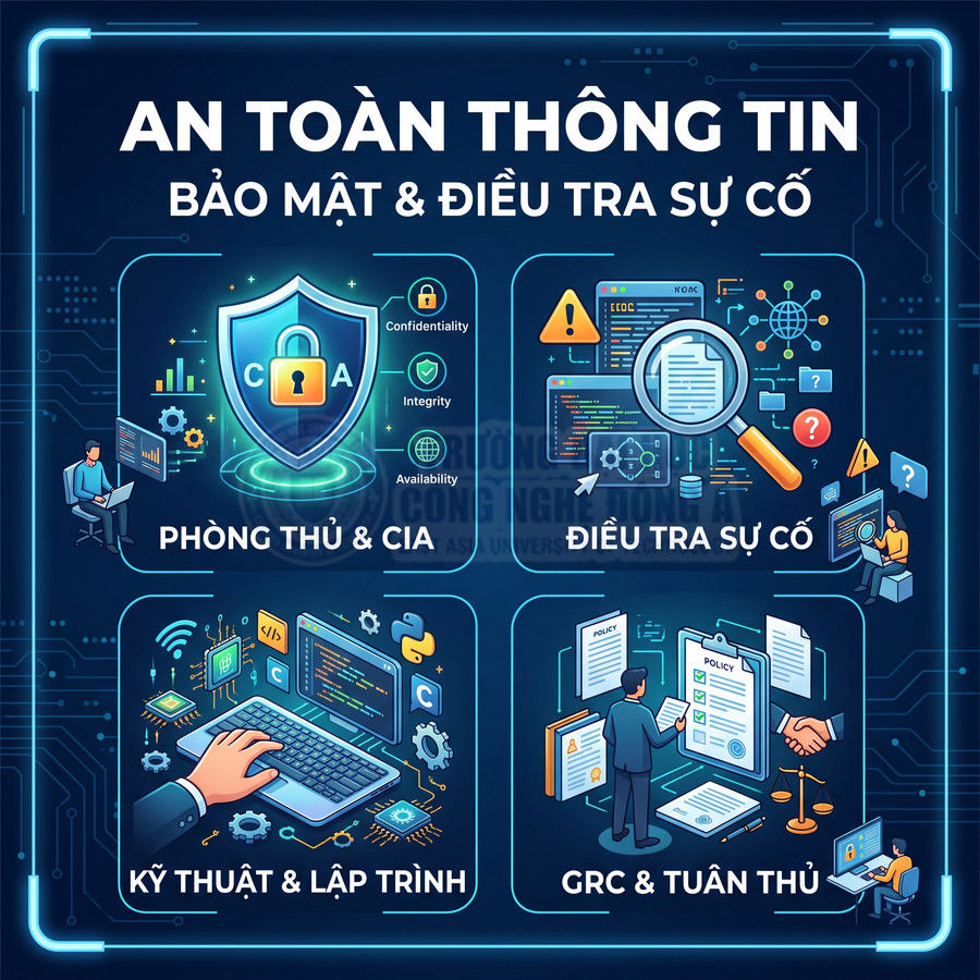 Minh họa các mảng an toàn thông tin gồm phòng thủ CIA, điều tra sự cố, kỹ thuật lập trình và GRC tuân thủ