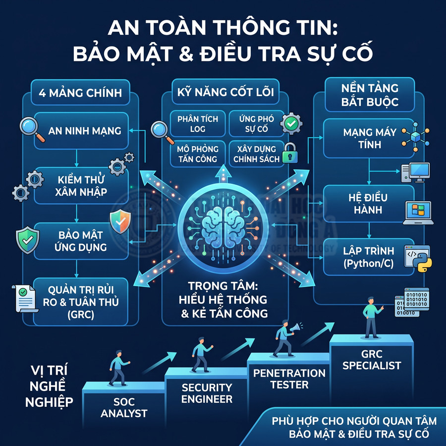 Sơ đồ lộ trình nghề an toàn thông tin bảo mật và điều tra sự cố với kỹ năng, nền tảng và vị trí tiêu biểu