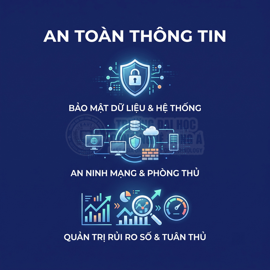 Poster giới thiệu ngành an toàn thông tin với bảo mật dữ liệu, an ninh mạng và quản trị rủi ro số