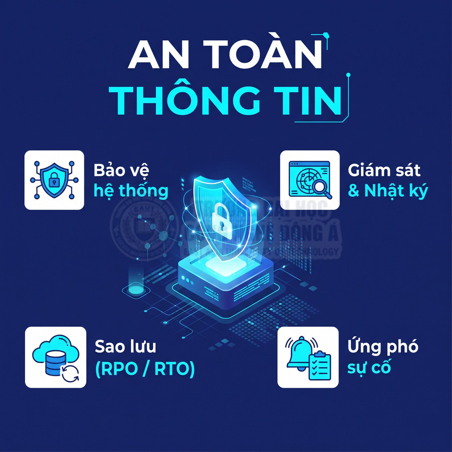 Minh họa giải pháp an toàn thông tin với khiên bảo mật, bảo vệ hệ thống, giám sát nhật ký, sao lưu và ứng phó sự cố