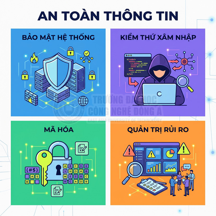 Minh họa các mảng an toàn thông tin gồm bảo mật hệ thống, kiểm thử xâm nhập, mã hóa và quản trị rủi ro