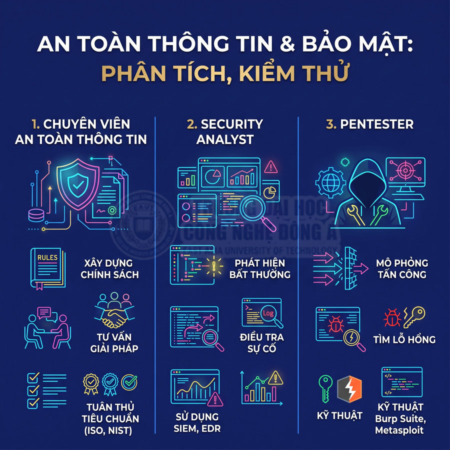 Infographic các vị trí ngành an toàn thông tin và bảo mật gồm chuyên viên, security analyst, pentester