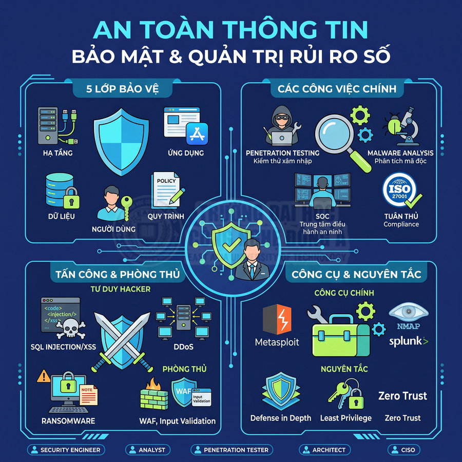 Infographic an toàn thông tin với các lớp bảo vệ, tấn công phòng thủ và công cụ bảo mật như Metasploit, Nmap, Splunk