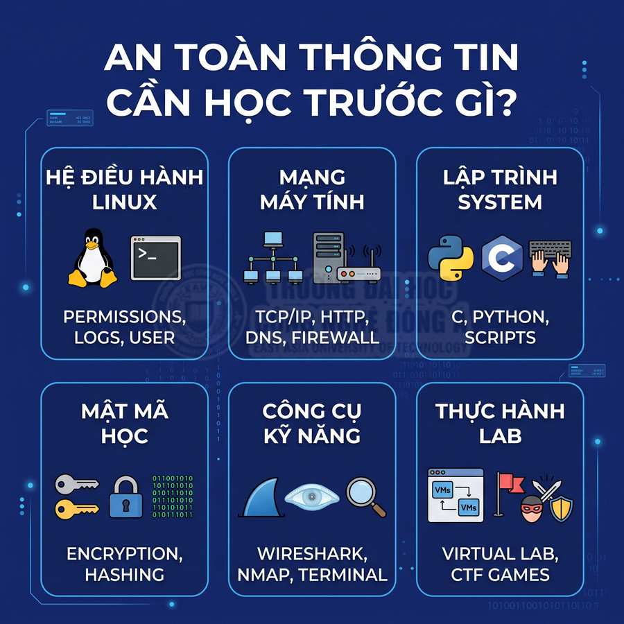 Các kiến thức cần học trước khi học an toàn thông tin như Linux, mạng, lập trình, mật mã, công cụ và lab thực hành
