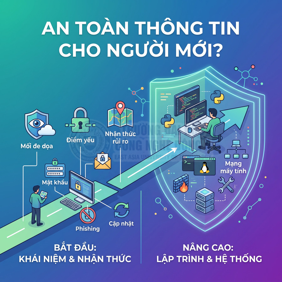 Infographic lộ trình học an toàn thông tin cho người mới từ khái niệm cơ bản đến lập trình và quản trị hệ thống