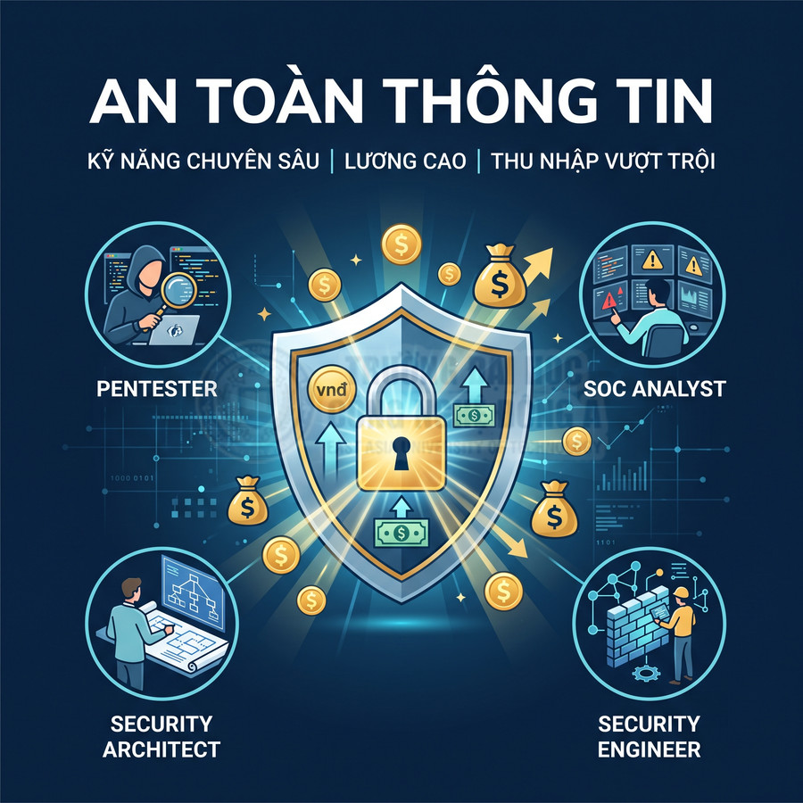Minh họa ngành an toàn thông tin với các vị trí pentester, SOC analyst, security architect, security engineer