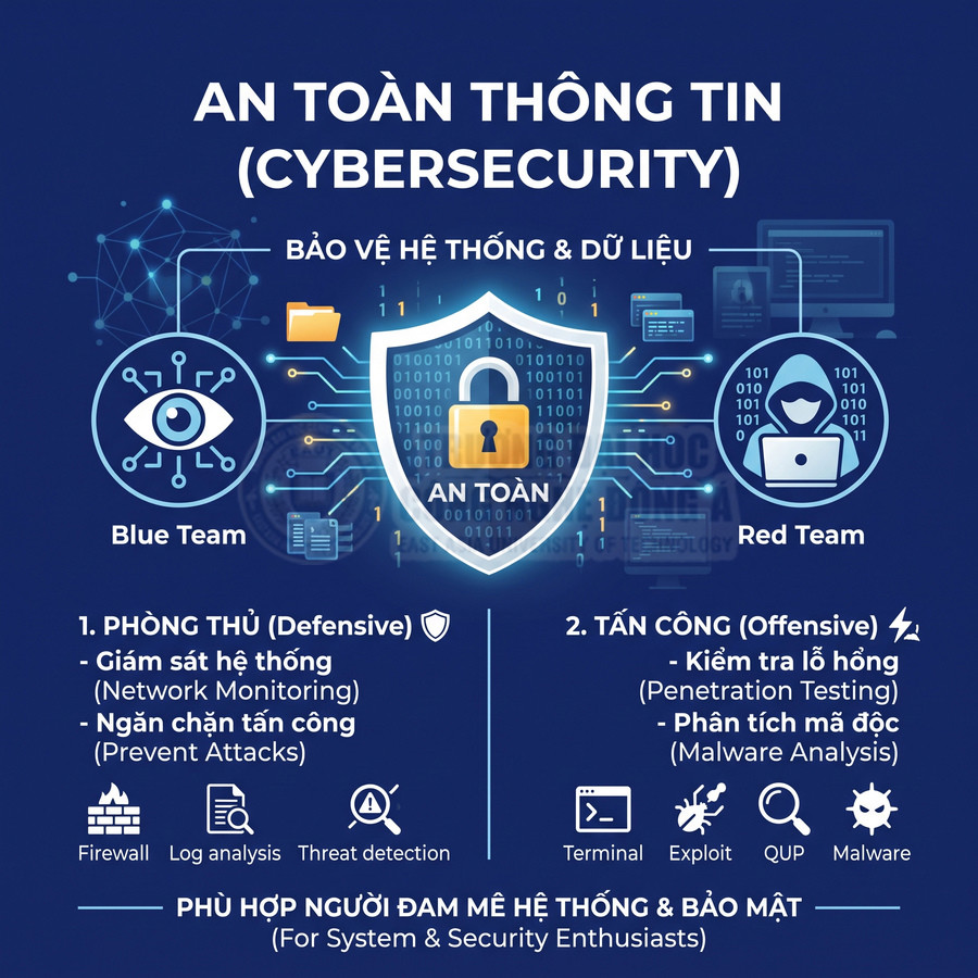Mô hình an toàn thông tin cybersecurity với Blue Team phòng thủ và Red Team tấn công bảo vệ hệ thống dữ liệu