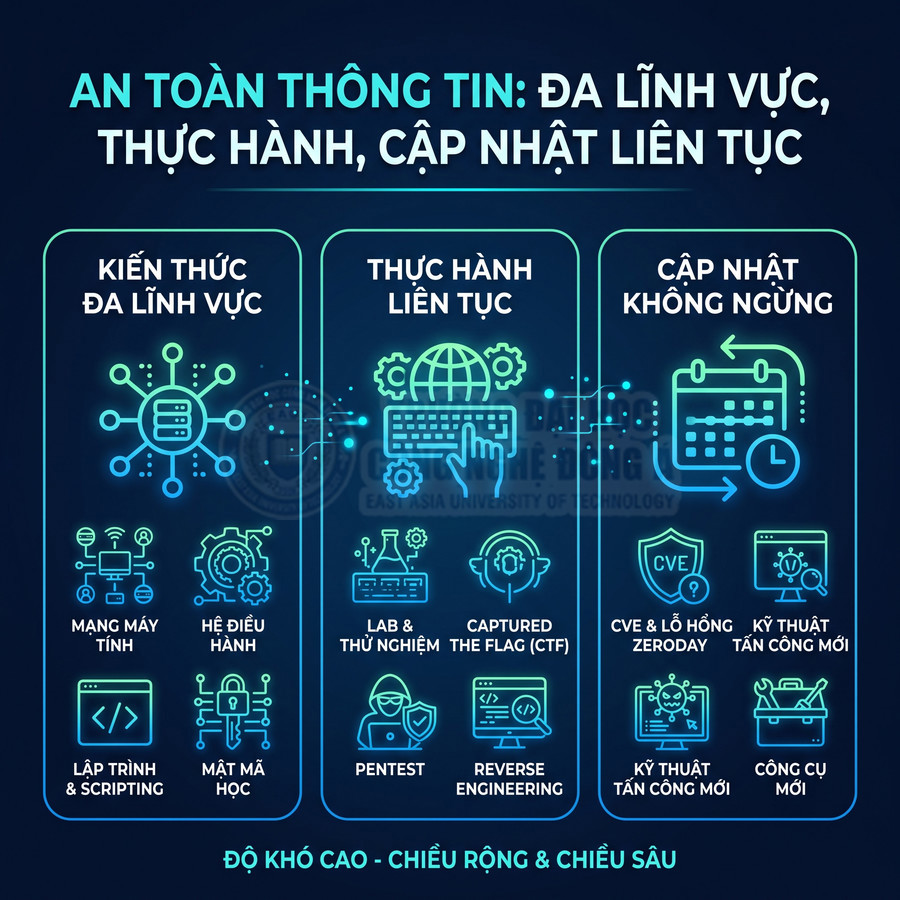 Poster giới thiệu chương trình học an toàn thông tin đa lĩnh vực, thực hành liên tục và cập nhật kiến thức bảo mật mới