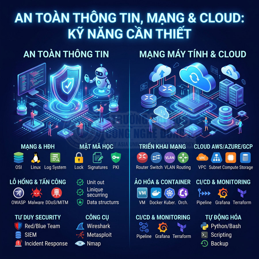 Infographic kỹ năng cần thiết về an toàn thông tin, mạng máy tính và cloud với các nhóm kiến thức và công cụ bảo mật