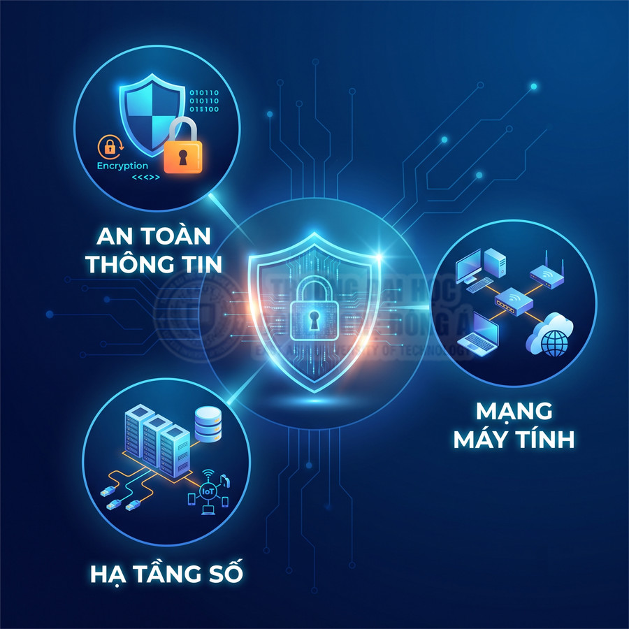 Minh họa an toàn thông tin với biểu tượng khóa bảo mật, mạng máy tính và hạ tầng số trên nền công nghệ số