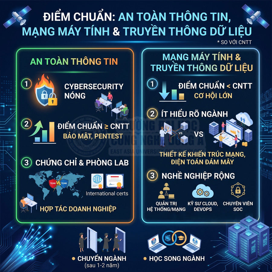Infographic giới thiệu ngành an toàn thông tin, mạng máy tính và truyền thông dữ liệu với cơ hội nghề nghiệp và chứng chỉ quốc tế