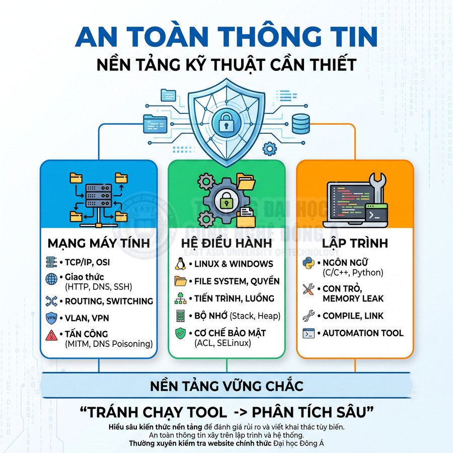 Infographic kiến thức nền tảng an toàn thông tin gồm mạng máy tính, hệ điều hành và lập trình