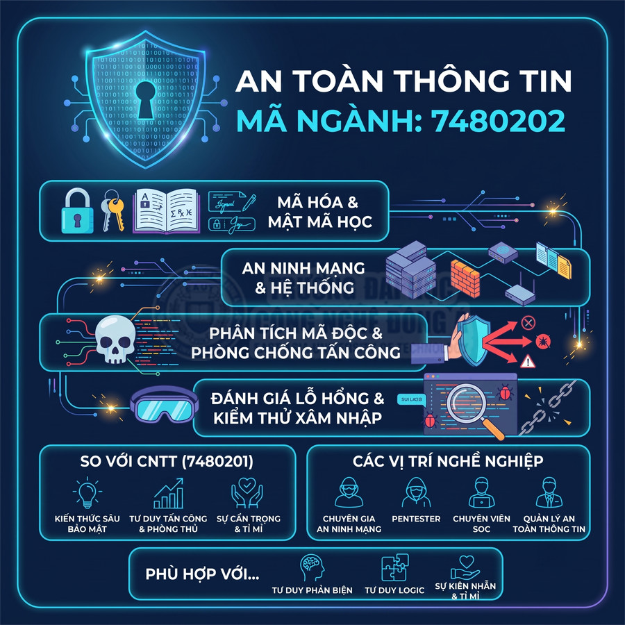 Ngành an toàn thông tin mã 7480202 với các chuyên ngành bảo mật, an ninh mạng, phân tích mã độc, kiểm thử xâm nhập
