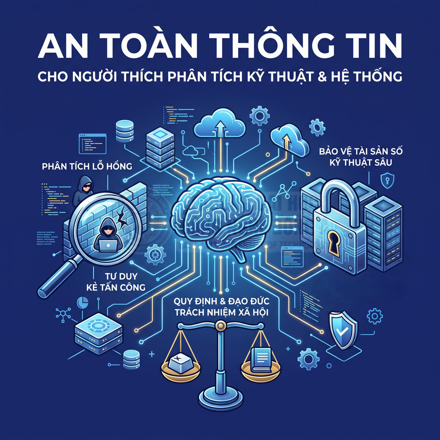 Minh họa an toàn thông tin với não bộ trung tâm, khóa bảo mật, hacker, máy chủ và biểu tượng phân tích lỗ hổng