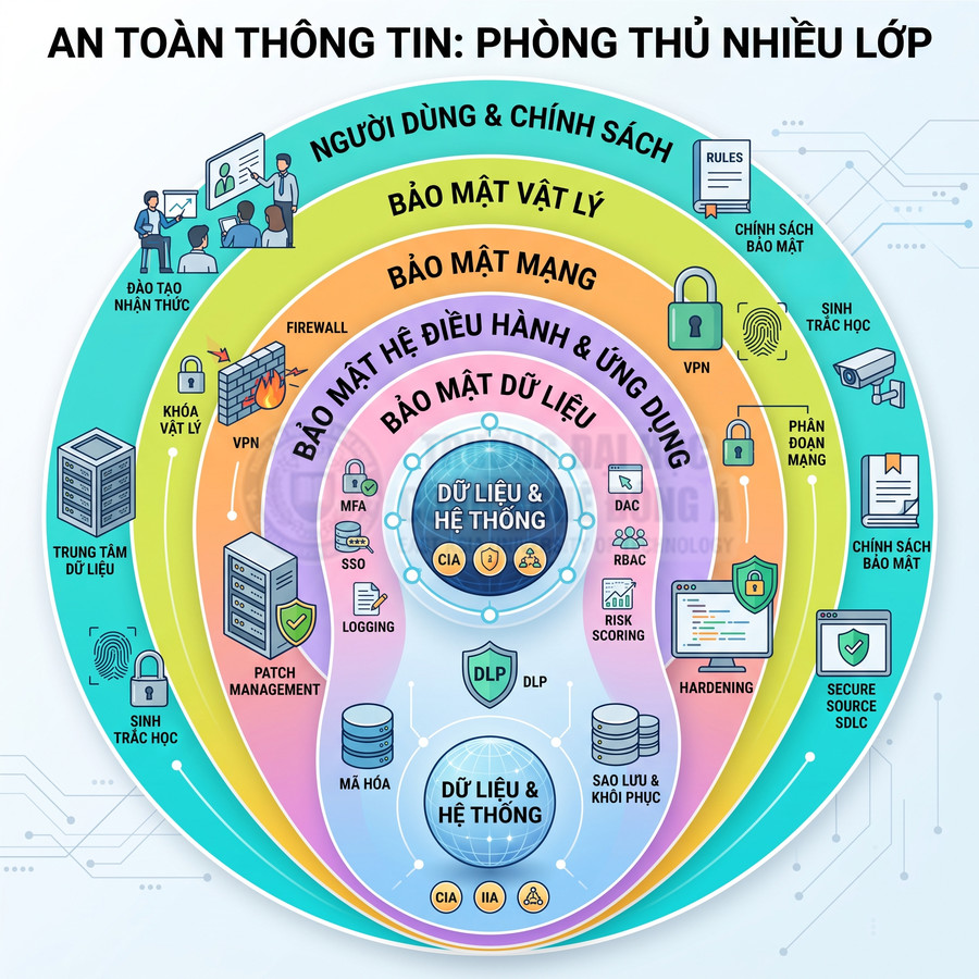 Mô hình nhiều lớp bảo mật thông tin với các vòng bảo vệ dữ liệu, hệ thống, mạng, người dùng và chính sách