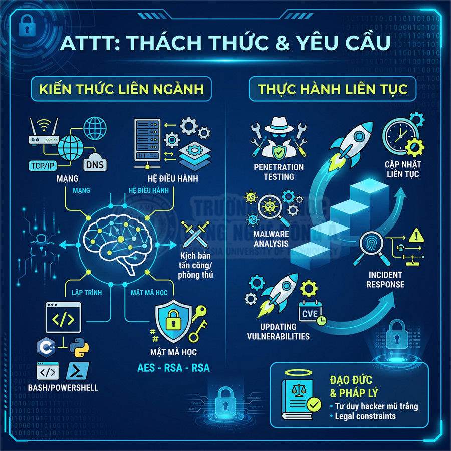 Infographic về thách thức và yêu cầu trong an toàn thông tin, kiến thức liên ngành và thực hành bảo mật liên tục