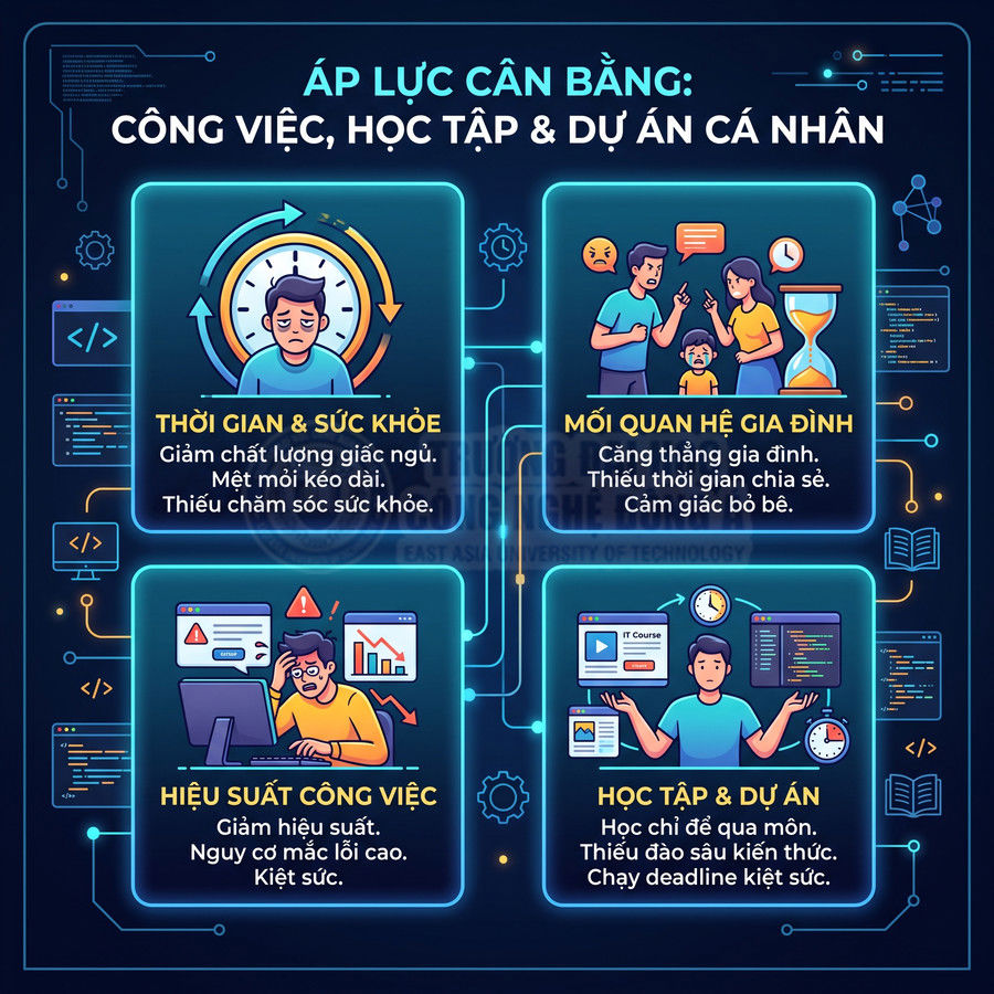 Infographic áp lực cân bằng công việc học tập dự án cá nhân ảnh hưởng sức khỏe gia đình hiệu suất học tập