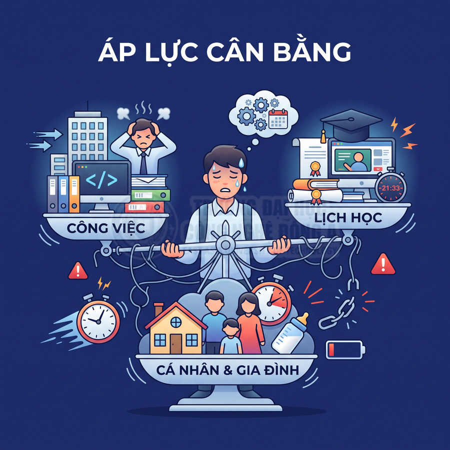 Người đàn ông căng thẳng cố gắng cân bằng công việc, lịch học và cuộc sống cá nhân gia đình trên cán cân
