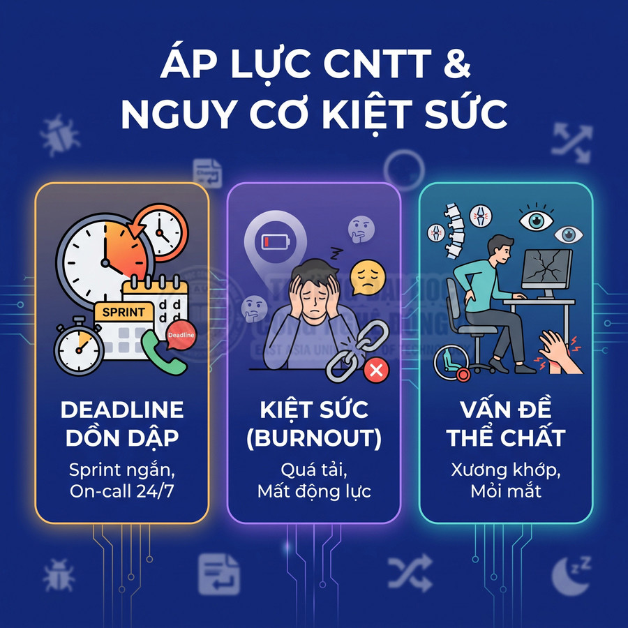 Áp lực công việc IT với deadline dồn dập, kiệt sức burnout và vấn đề thể chất khi làm việc máy tính