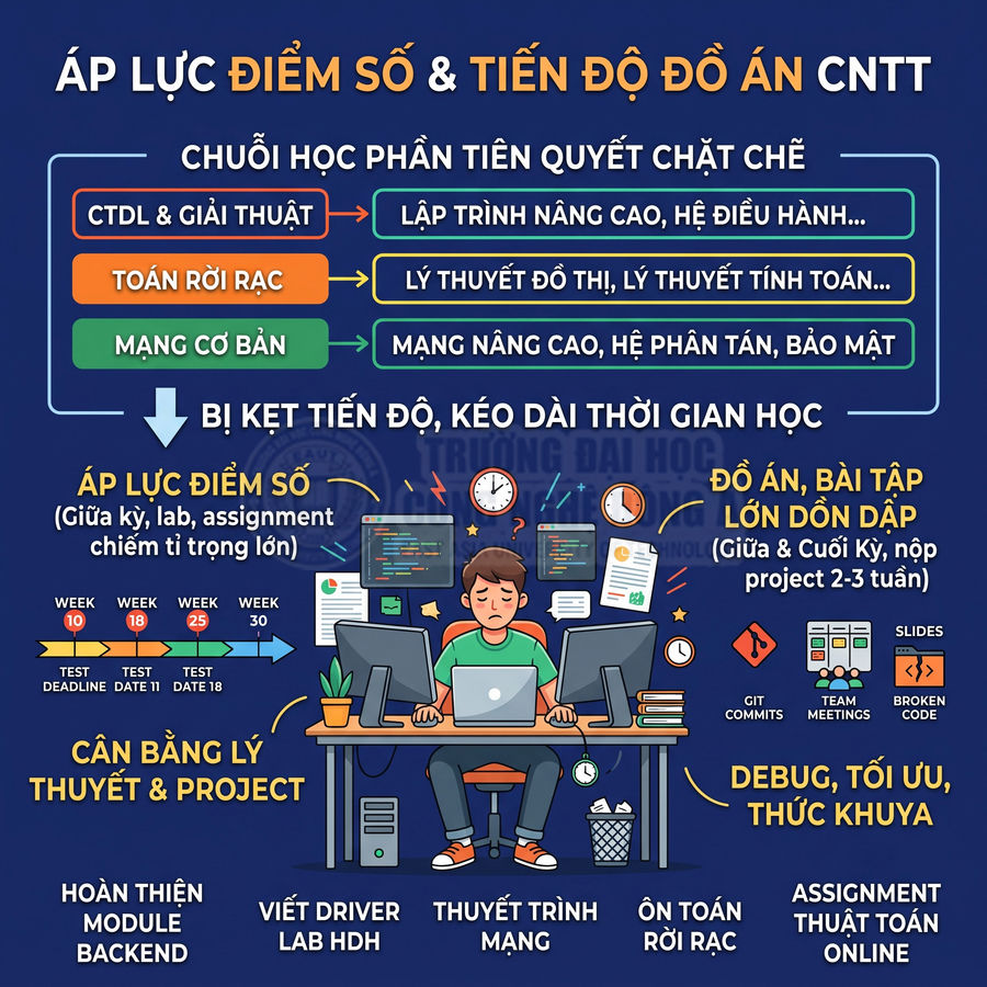 Sinh viên CNTT ngồi trước nhiều màn hình máy tính, căng thẳng vì áp lực điểm số và tiến độ đồ án lập trình