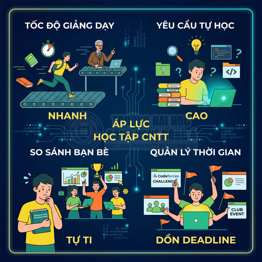 Áp lực học ngành CNTT với tốc độ giảng dạy nhanh, yêu cầu tự học cao và quản lý thời gian, deadline dồn dập