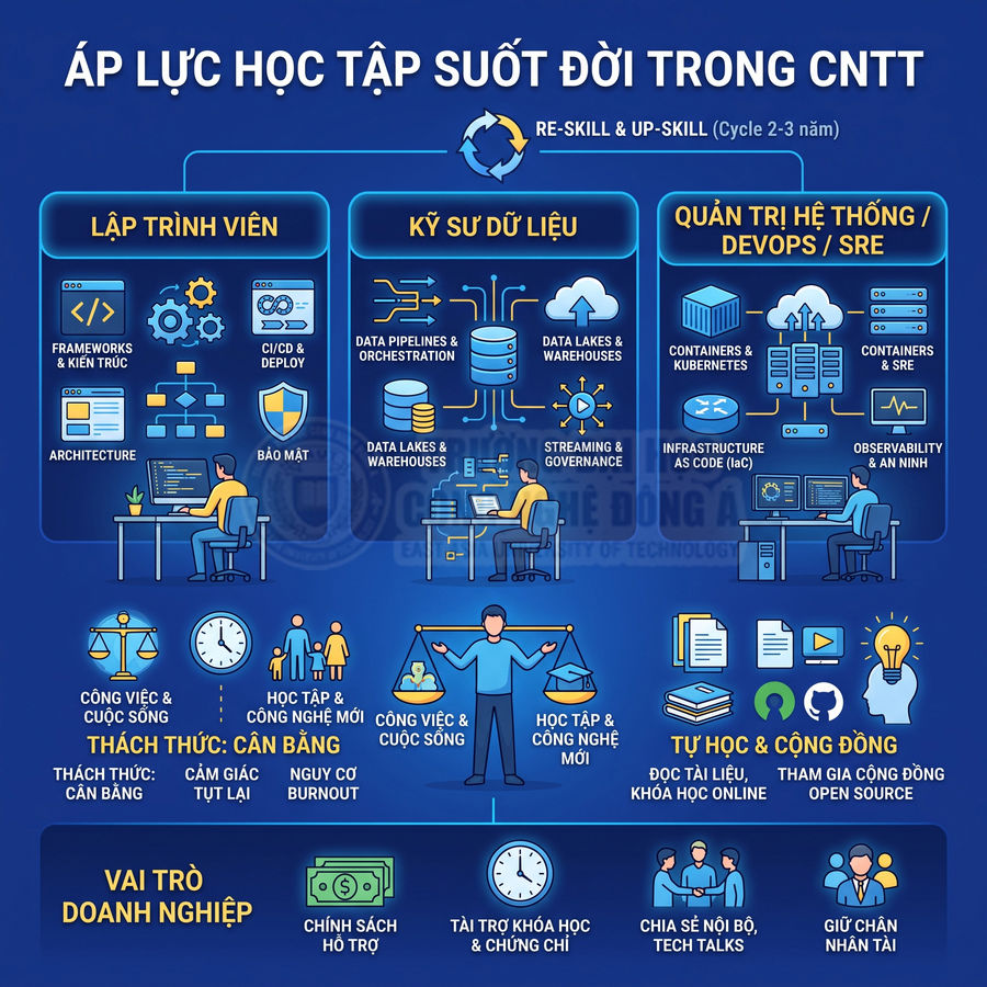 Áp lực học tập suốt đời trong ngành CNTT với lộ trình kỹ năng cho lập trình viên, kỹ sư dữ liệu và DevOps