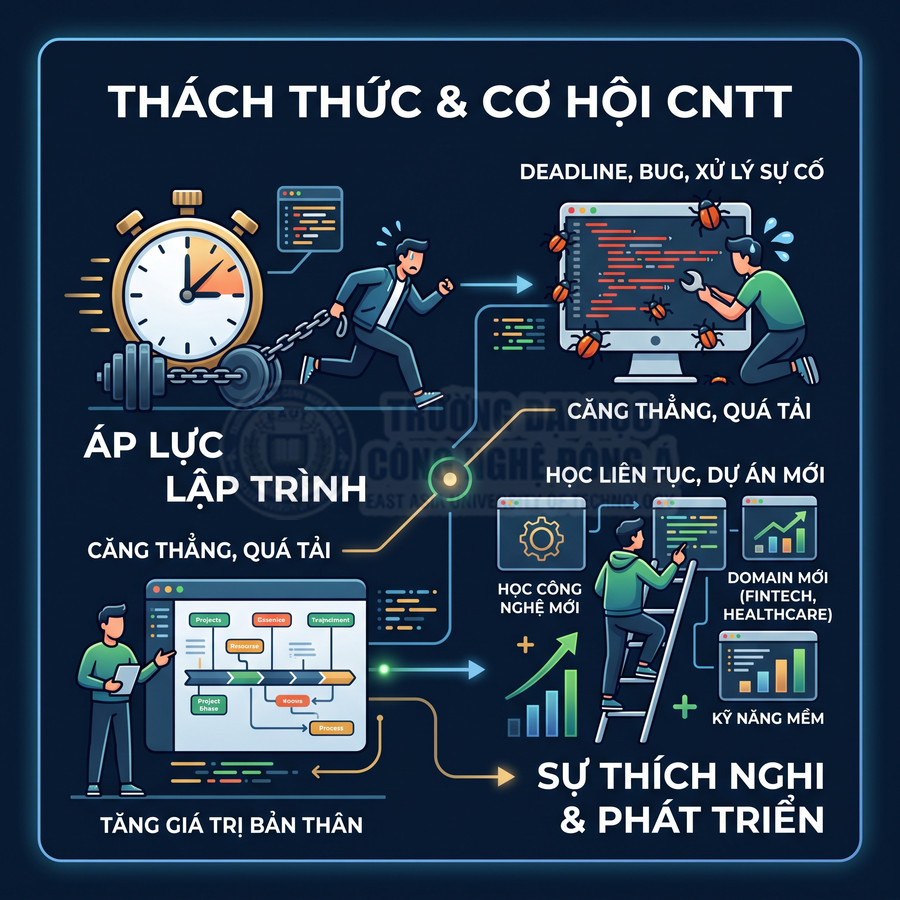 Infographic thách thức và cơ hội ngành CNTT với áp lực lập trình, deadline, bug và học công nghệ mới