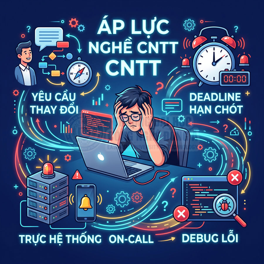 Lập trình viên CNTT căng thẳng trước laptop Apple vì deadline, yêu cầu thay đổi, trực hệ thống và debug lỗi