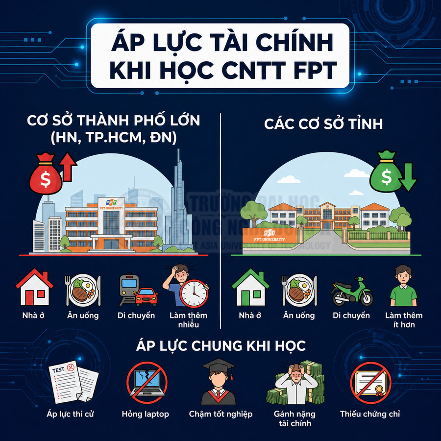 Infographic áp lực tài chính khi học CNTT FPT University tại cơ sở thành phố lớn và cơ sở tỉnh