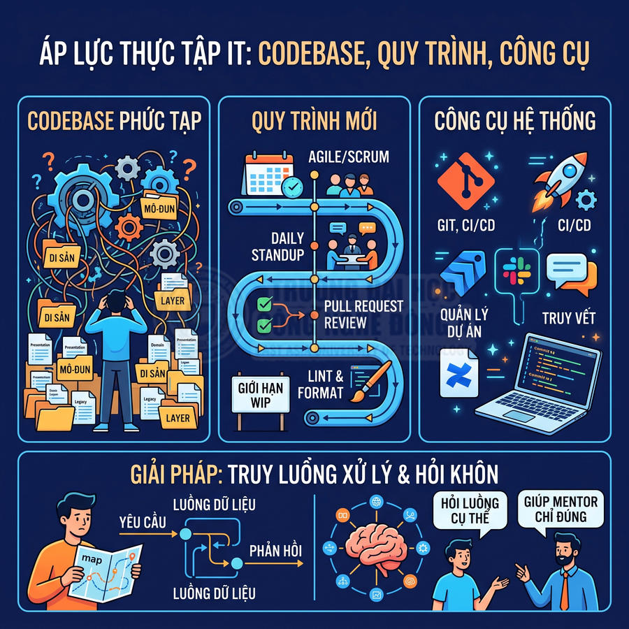 Infographic mô tả áp lực thực tập IT với codebase phức tạp, quy trình Agile mới và công cụ hệ thống như Git, CI CD