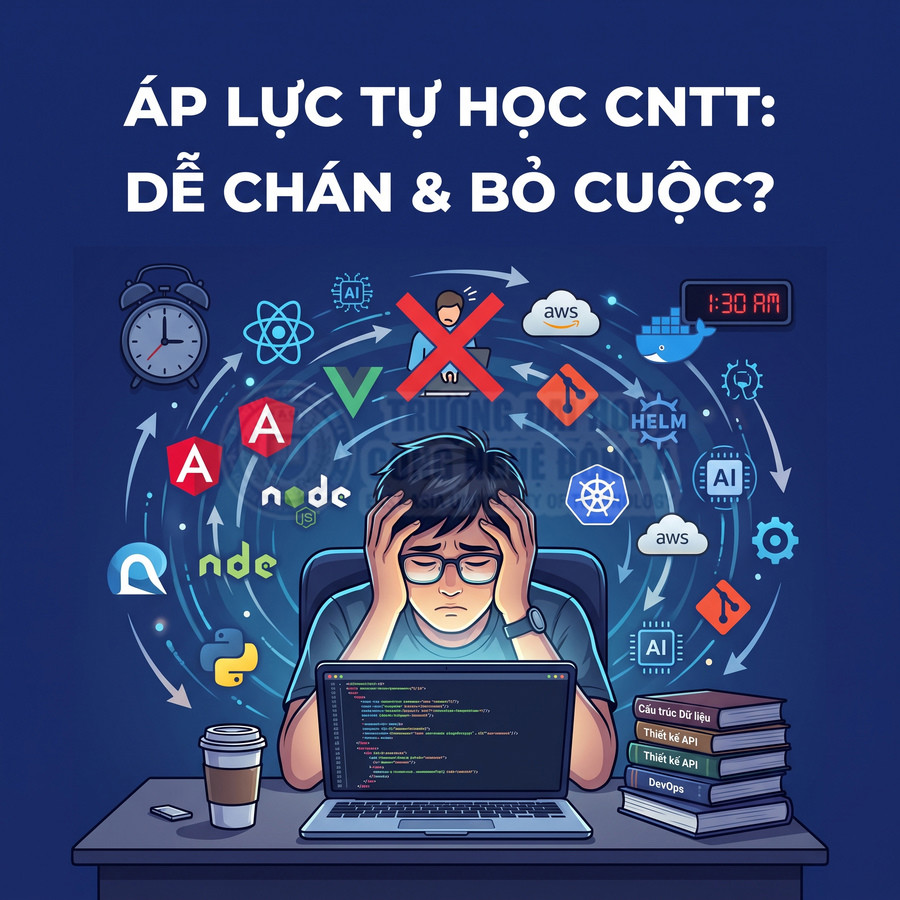 Người trẻ căng thẳng tự học lập trình CNTT ban đêm với laptop, sách vở và nhiều logo công nghệ xung quanh