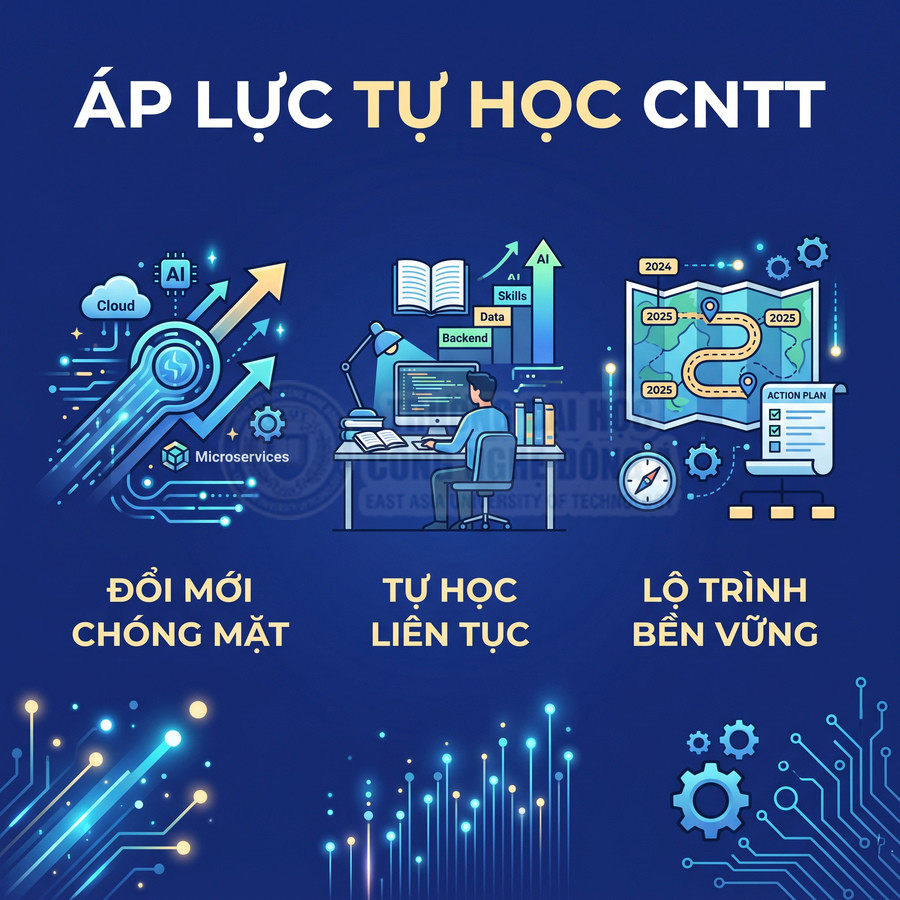 Áp lực tự học CNTT với minh họa đổi mới công nghệ, lập trình viên tự học và lộ trình học bền vững