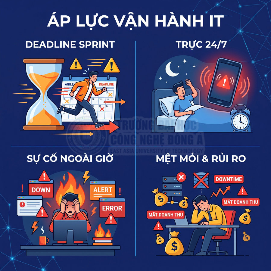 Minh họa áp lực vận hành IT với deadline sprint, trực 24/7, sự cố ngoài giờ và mệt mỏi rủi ro mất doanh thu