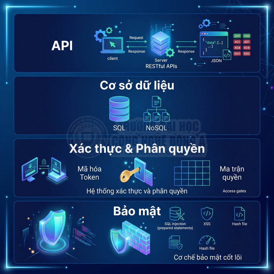 Minh họa kiến trúc backend với API, cơ sở dữ liệu SQL NoSQL, xác thực phân quyền và các cơ chế bảo mật hệ thống