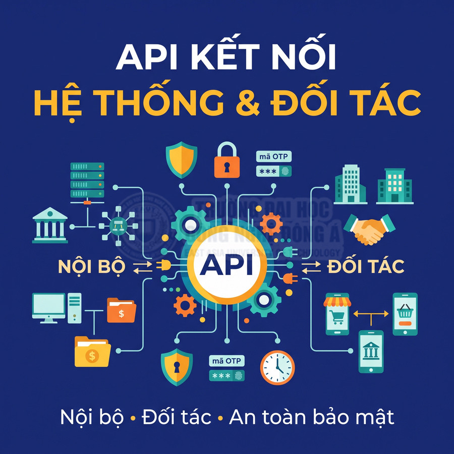 Minh họa API kết nối hệ thống nội bộ và đối tác với các biểu tượng bảo mật, OTP và thiết bị điện tử