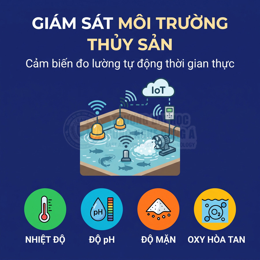 Hệ thống cảm biến IoT giám sát môi trường thủy sản, đo nhiệt độ, độ pH, độ mặn và oxy hòa tan
