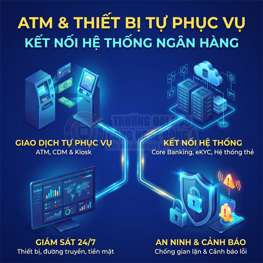 Hệ thống thiết bị ngân hàng gồm ATM, kiosk, máy chủ, giám sát và bảo mật giao dịch 24/7