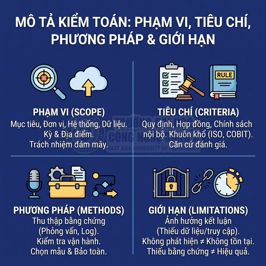 Mô tả kiểm toán gồm phạm vi, tiêu chí, phương pháp và giới hạn kiểm toán với các biểu tượng minh họa trên nền xanh dương