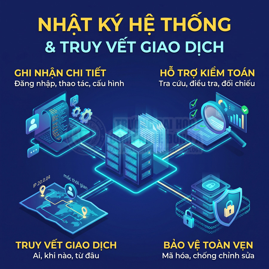 Hệ thống nhật ký và truy vết giao dịch với máy chủ, công cụ kiểm toán và bảo mật dữ liệu