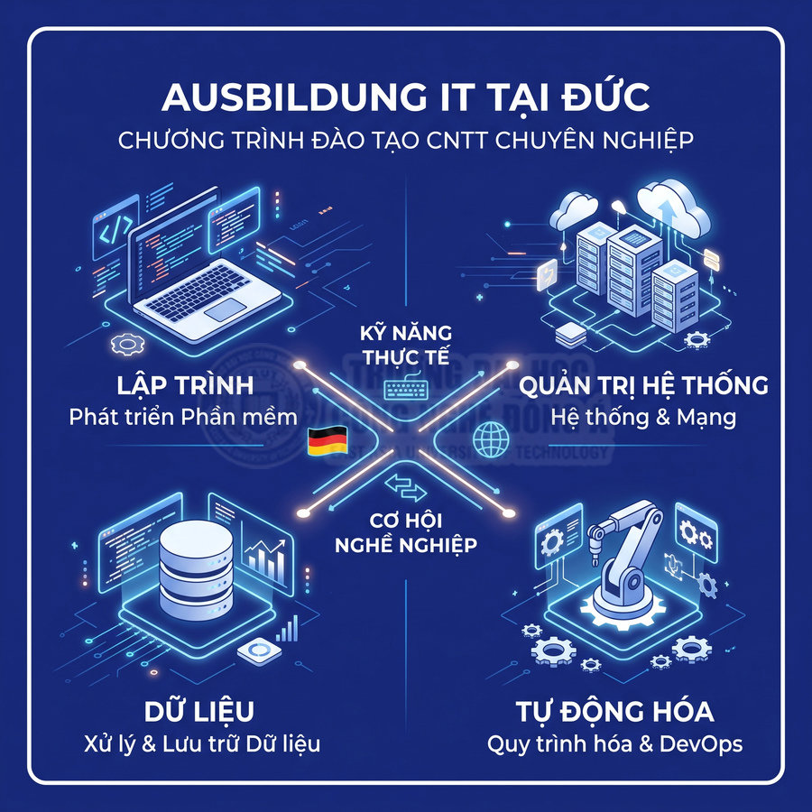 Chương trình Ausbildung IT tại Đức với các chuyên ngành lập trình, quản trị hệ thống, dữ liệu và tự động hóa