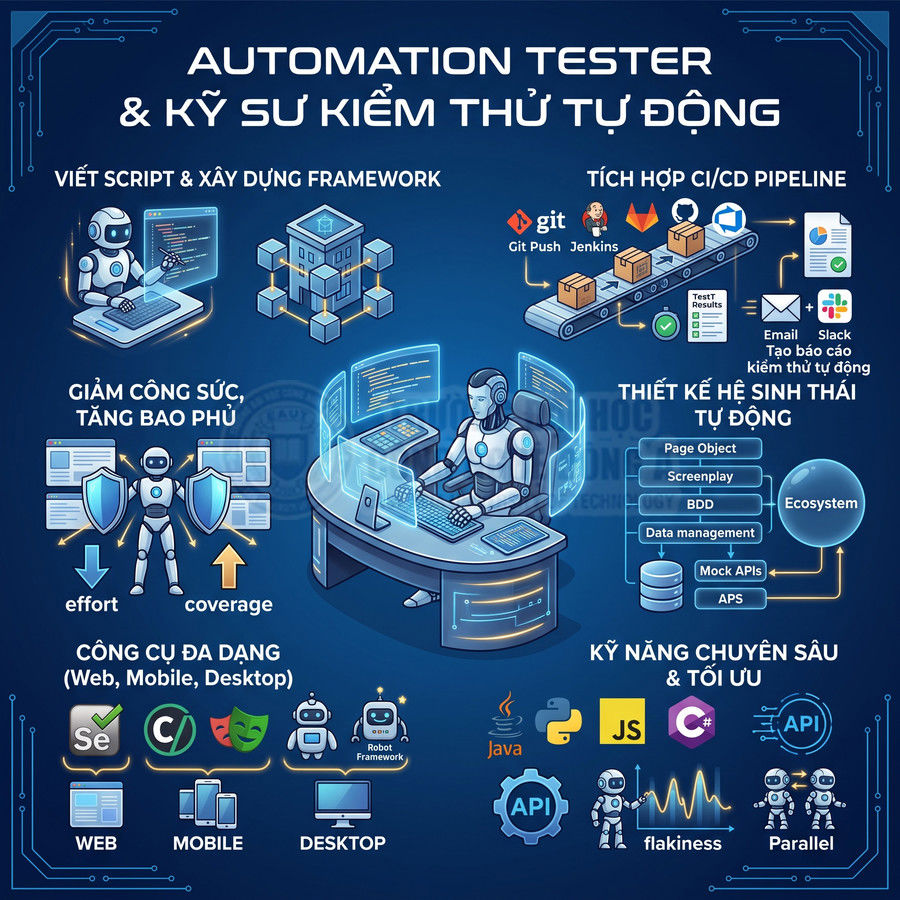 Minh họa robot automation tester làm việc với công cụ kiểm thử tự động, CI CD, API và ngôn ngữ lập trình Java Python JS