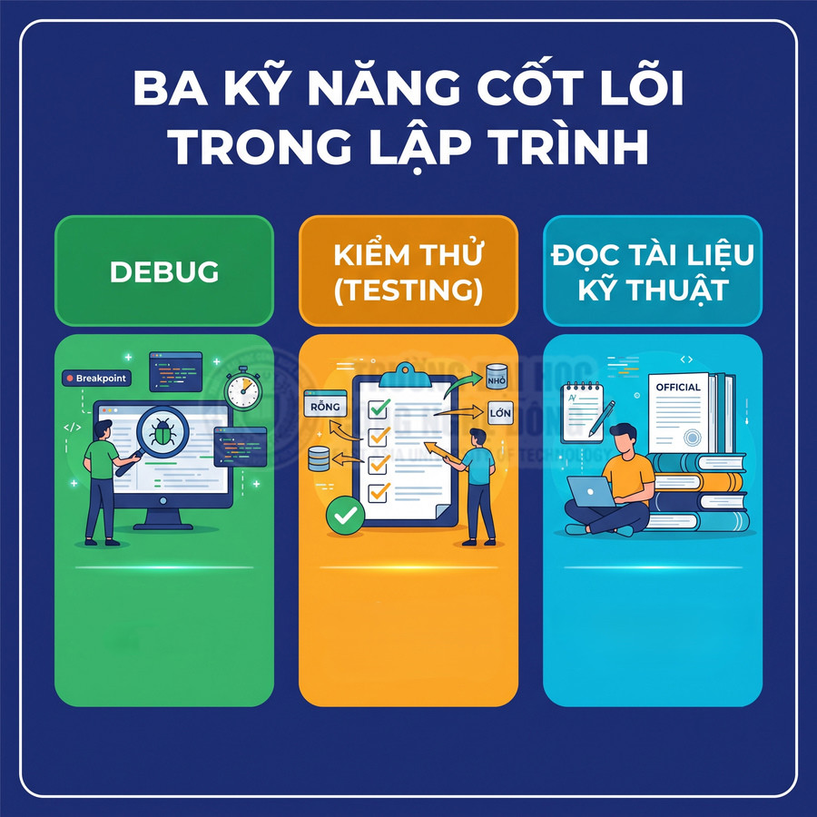 Ba kỹ năng cốt lõi trong lập trình gồm debug, kiểm thử phần mềm và đọc tài liệu kỹ thuật