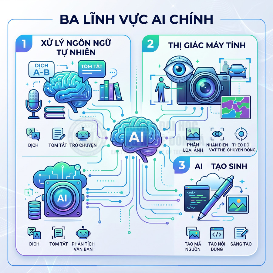 Minh họa ba lĩnh vực AI chính gồm xử lý ngôn ngữ tự nhiên, thị giác máy tính và AI tạo sinh
