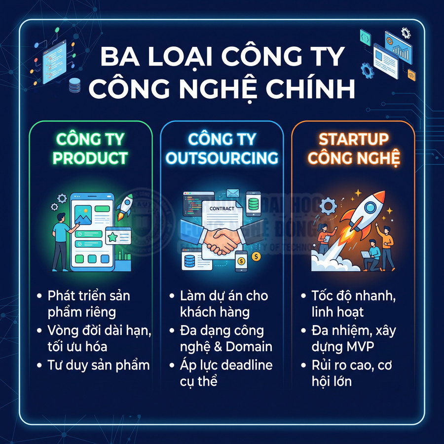 Ba loại công ty công nghệ chính gồm công ty product, công ty outsourcing và startup công nghệ cùng đặc điểm nổi bật