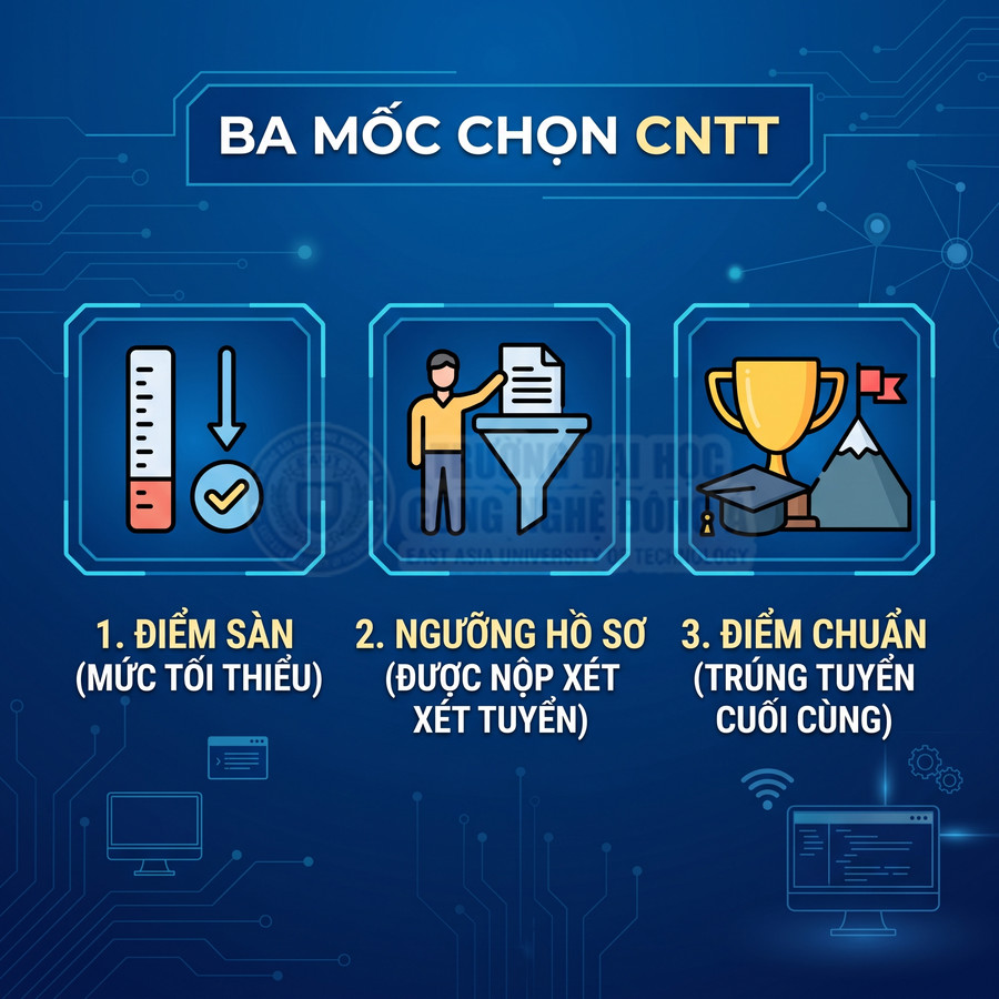 Ba mốc chọn ngành công nghệ thông tin gồm điểm sàn, ngưỡng hồ sơ và điểm chuẩn trúng tuyển