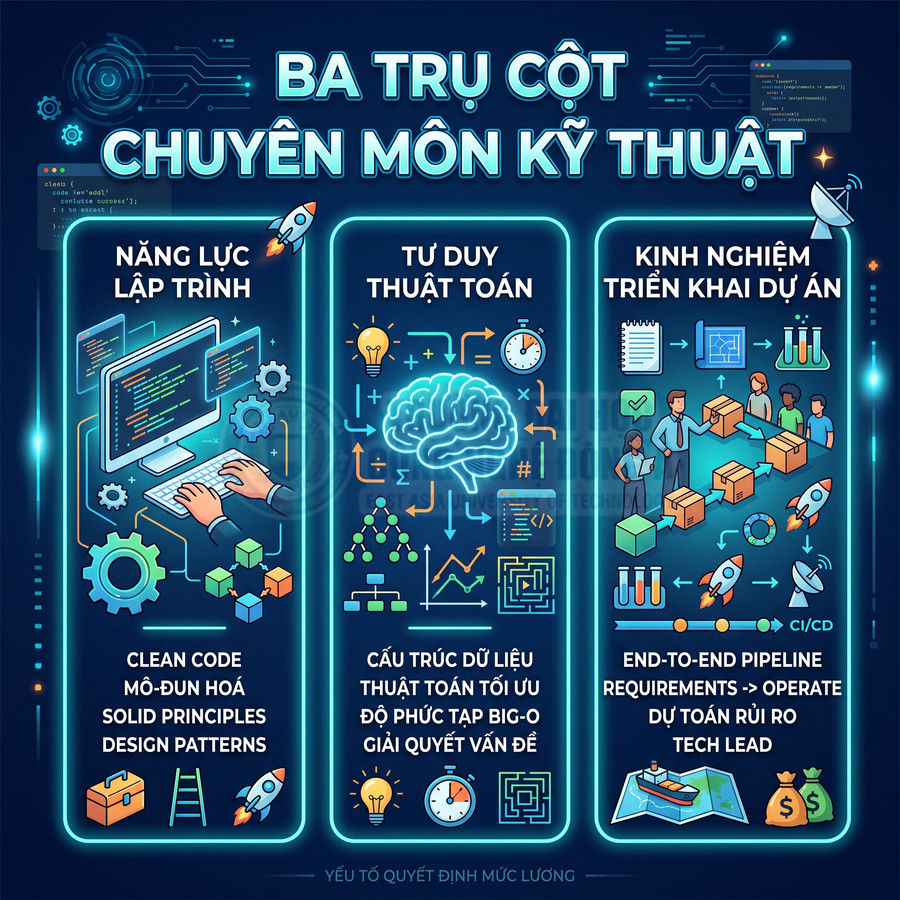Ba trụ cột chuyên môn kỹ thuật cho lập trình viên gồm năng lực lập trình, tư duy thuật toán và kinh nghiệm triển khai dự án